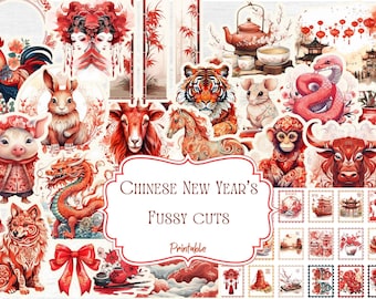 Recortes elegantes para Año Nuevo chino, Kit para diario basura de Año Nuevo, Imprimible para diario basura, Sellos de Año Nuevo, Efímeras de invierno, Año Nuevo lunar
