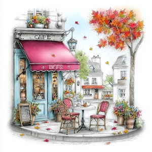 May include: A watercolor illustration of a cafe with a bright pink awning, blue door, and the text CAFE and ECFE. A round table with two chairs sits outside on a patio surrounded by potted flowers and a tree with orange and red autumn leaves.