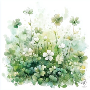 May include: A watercolour illustration of clovers and white flowers. The image shows a mix of four-leaf clovers and white, five-petal flowers, set against a soft green and white background.
