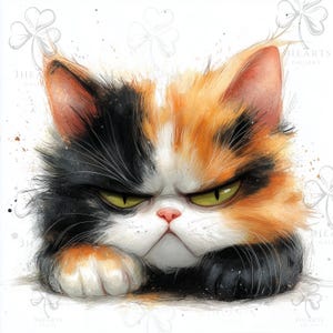 May include: A watercolour illustration of a grumpy cat with a black, orange, and white coat. The cat has intense green eyes and a furrowed brow, conveying a sense of annoyance. The artwork has a soft, textured appearance.