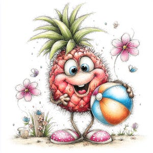 Könnte beinhalten: Cartoon-Illustration eines lächelnden Ananas-Charakters, der einen Strandball hält. Die Ananas hat einen roten Körper, eine grüne Blätterkrone und trägt rosa Schuhe. Rosa Blumen und Schmetterlinge sind um die Figur verstreut.