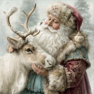May include: A depiction of Santa Claus with a long white beard and round glasses, wearing a deep red velvet coat with gold embroidery and a fur-trimmed hat, embracing a white reindeer with snow-dusted antlers in a wintry, snowy forest setting.