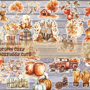 Watercolor Autumn Cosy Fussy Cut Ephemera Pages, High Quality Printable Digital Download, Junk Journal Pumpkins, Leaves, Fall Scrapbooking