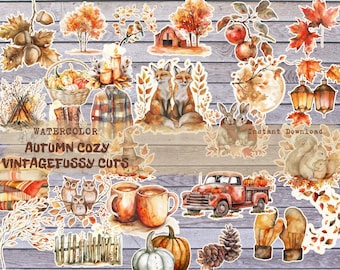 Watercolor Autumn Fussy Cuts, Woodland Images, Stickers, Embellishments for Nature Junk Journals