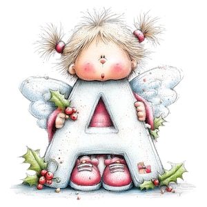 Könnte beinhalten: Eine skurrile Illustration einer Figur mit zerzaustem blondem Haar und rosa Wangen, die hinter einem großen weißen Buchstaben A steht. Die Figur hat hellblaue Flügel, trägt rosa Schuhe und ist von grünen Stechpalmenblättern und roten Beeren umgeben.