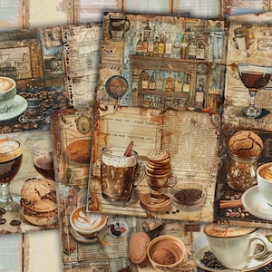 Pagine di diario di spazzatura di Barista e Coffee, bar, Vintage, carta per scrapbooking, bar vintage, immagini invecchiate, collage, materiale effimero digitale, vecchio negozio