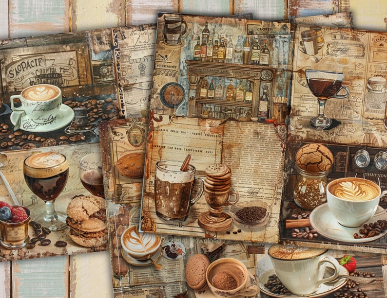 Barista and Coffee junk journal pages, bar, Vintage, scrapbook paper, vintage bar, weathered images, collage, digital ephemera, old shop