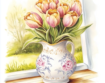 20 Spring Tulips in Ceramic Clipart | Cottagecore Tulip Illustration | Printable Soft Watercolor clipart | High Quality JPGs | Rustic Paper