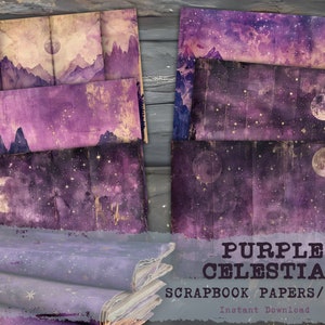 Celestial Purple Junk Journal Afdrukbare papieren, Sun Moon Star-pagina's, scrapbookpapier, collagevellen, Violet Celestial Papers, armoedig