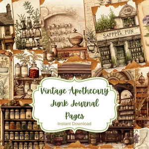 Páginas de diário de lixo de boticário vintage, armários, lojas, kit de papel para scrapbook digital, imprimível, itens vintage, poções de ervas, artesanato,