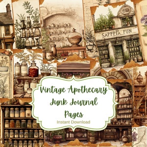 Vintage Apothecary Junk Journal Pages, Cabinets, Shops, Digital Scrapbook Paper Kit, Printable, Vintage Ephemera, Herbal Potions, Crafts,