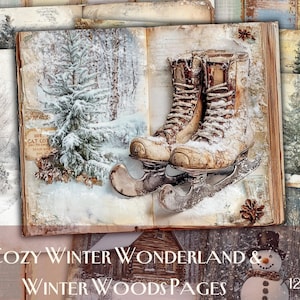 Páginas acogedoras de bosques invernales y maravillas invernales, efímeras vintage, papel de álbum de recortes, Navidad, imágenes desgastadas, collage, efímeras digitales, antiguas
