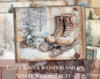Cozy Winter Wonderland & Winter Woods Pages, Vintage Ephemera, Scrapbook paper, Christmas, Weathered images, collage, Digital ephemera, Old