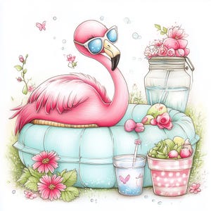 Könnte beinhalten: Eine skurrile Illustration eines rosa Flamingos mit Sonnenbrille, der auf einem hellblauen aufblasbaren Pool liegt. Die Szene umfasst ein Glas mit Blumen, ein Getränk mit einem Schmetterling und einen rosa gepunkteten Topf mit Früchten. Rosa Blumen und Schmetterlinge.