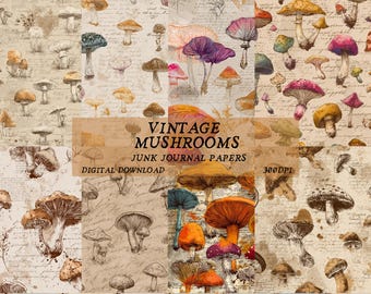 Vintage Mushroom Digital Paper Set: Fall Scrapbook, Autumn Junk Journal (PDF/JPG Download 12x12")