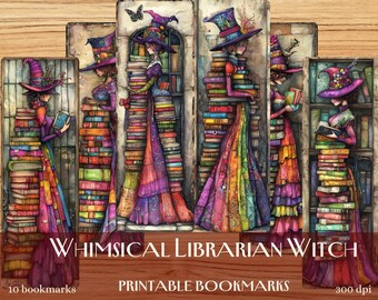 Librarian Witch Printable Bookmarks: Whimsical Bookmark Set (Digital Download)