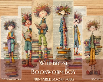 10 Whimsical Bookworm Boy Printable Bookmarks, Digital Download JPG Bookmark Set, Vintage Bookmark Sublimation, Mixed Media, Cute bookmark