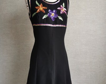 Vintage 70s mini black sequined mod/shift party club dress