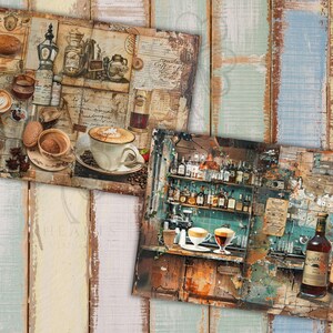 Barista and Coffee junk journal pages, bar, Vintage, scrapbook paper, vintage bar, weathered images, collage, digital ephemera, old shop
