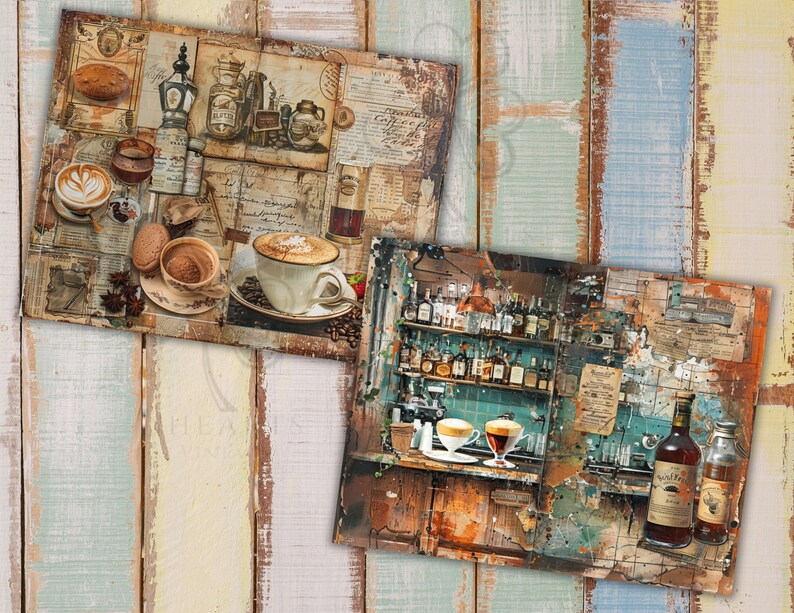 Barista and Coffee junk journal pages, bar, Vintage, scrapbook paper, vintage bar, weathered images, collage, digital ephemera, old shop