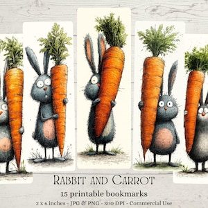 May include: Set of five illustrated bookmarks featuring cartoon rabbits hugging large carrots. The rabbits are gray with pink bellies, and the carrots are orange with green tops. Each bookmark is 2 x 6 inches.