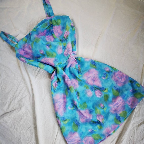 Vintage blue mini dress with dreamy floral prints