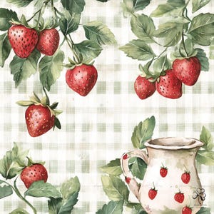 May include: Watercolor illustration featuring ripe red strawberries with green leaves and stems, set against a light green and white checkered background. A white pitcher with strawberry accents is also present, evoking a rustic, summery theme.