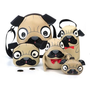 Geschenke für Kitz Mops-Liebhaber-Set, niedlicher kleiner Mops, Set von 5 Einzelteilen, Mops-Puppe, Federmäppchen, Mops-Umhängetasche, Schlüsselanhänger, Mops-Geldbörse.