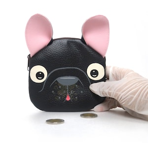 Bolsa de moedas bulldog francês preta, bolsa pintada à mão, pequena, couro sintético, bolsa com zíper, carteira para cartão, bulldog francês, bolsa com retrato de animal