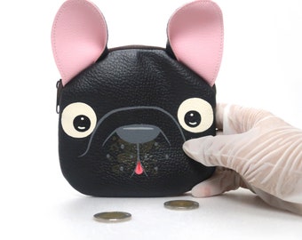Schwarze Französische Bulldogge Münze Geldbörse.hand bemalt Tasche klein Kunstleder, Reißverschluss Beutel, Kartenbrieftasche, Französische Bulldogge, Tier Porträt Tasche