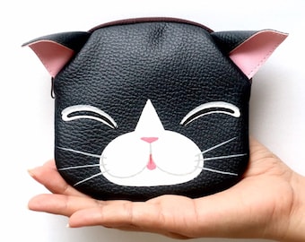 Black cat coin purse.hand painted bag small synthetic leather ,Zipper Pouch ,Card wallet,Black cat,Animal portrait bag