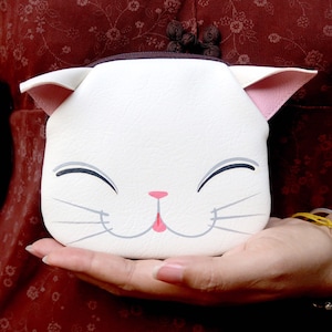 Bolsa de moedas de gato branco sorridente, bolsa pintada à mão, pequena de couro sintético, bolsa com zíper, carteira de cartão, gato branco, bolsa com retrato de animal