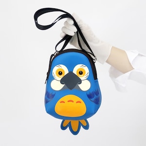 Blue and gold Macaw crossbody bag,hand painted bag,this compact synthetic leather sling bag for carrying mobile phones and other essentials.