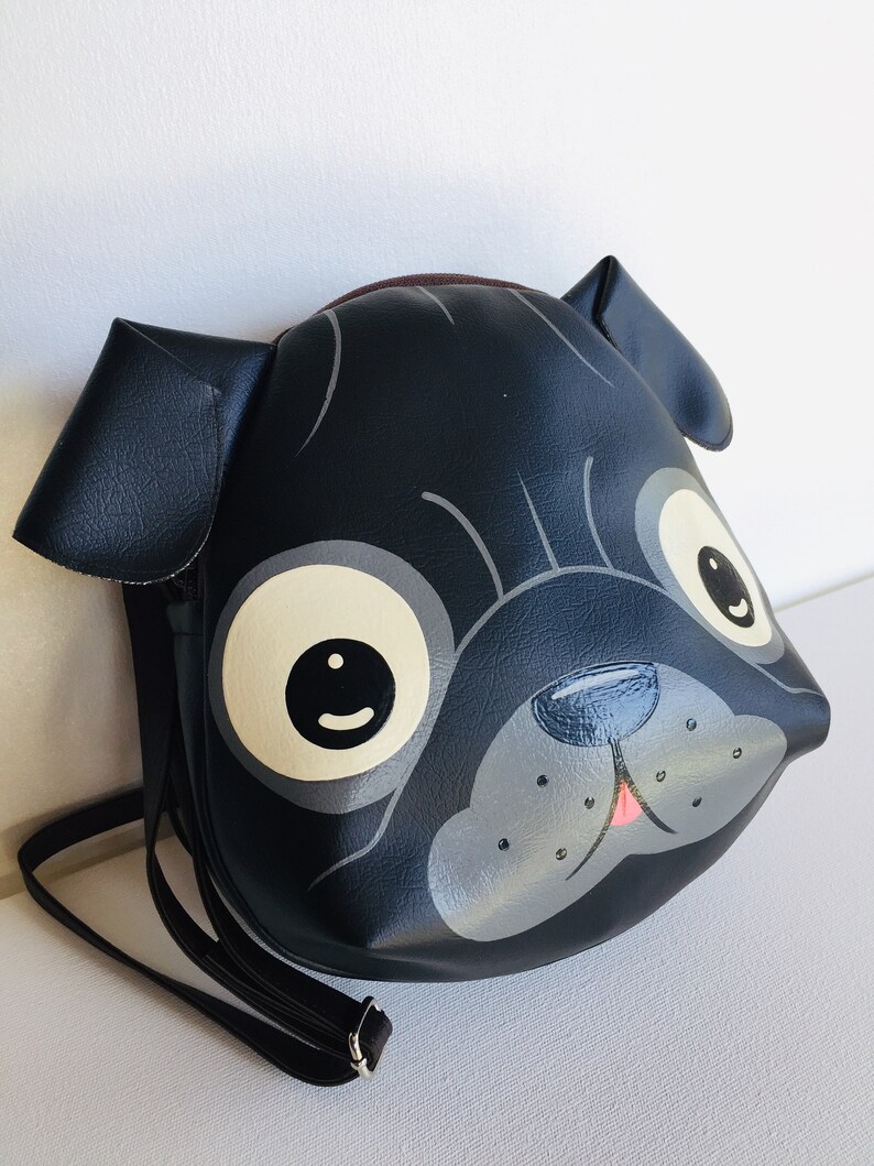 Black pug crossbody bag,hand painted bag,this compact synthetic leather sling bag, for carrying mobile phones and other essentials. image 3