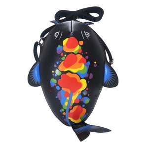 Rainbow koi fish crossbody bag ,hand painted bag,this compact synthetic leather sling bag, for carrying mobile phones and other essentials.