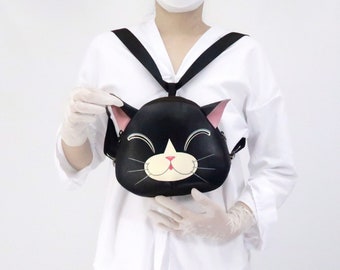 Smiling Black cat Mini backpack ,cat crossbody bag,hand painted bag,handmade backpack for animals lovers.