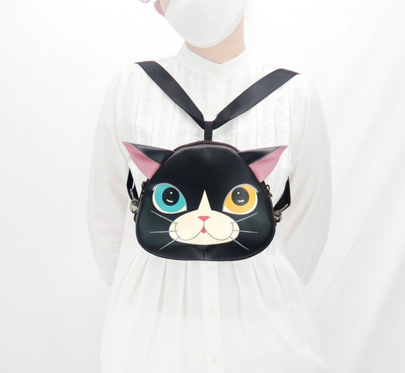 black cat mini backpack Handmade Black Cat Mini Backpack: Animal Lover Crossbody Bag