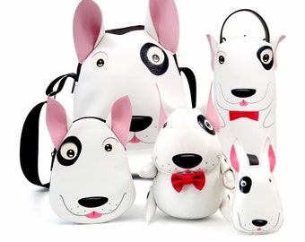 Handgefertigtes Bullterrier Liebhaber Geschenkset: Hundepuppe, Tasche & Schlüsselanhänger