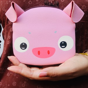 Monedero de cerdo rosa. Bolso pequeño pintado a mano de piel sintética, Estuche con cremallera, Tarjetero, Cerdo rosa, Bolso con retrato de animal