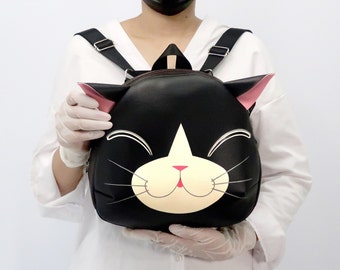 Hand-Painted Smiling Black Cat Backpack: Convertible Crossbody Bag