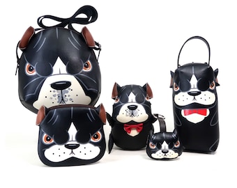 Cadeaus voor Amerikaanse pitbull-liefhebbers set, schattige kleine pitbull, set van 5 items, pop, potloodzakje, crossbody tas, sleutelhanger, portemonnee.