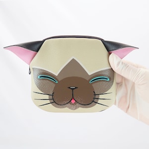 Lächelnde Siamkatzen-Münzentasche.Handbemalte Tasche kleine Kunstleder, Reißverschlusstasche, Kartenbrieftasche, niedliche Katze, Tierporträttasche