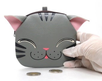 Smiling gray cat coin purse.hand painted bag small synthetic leather ,Zipper Pouch ,Card wallet,Gray cat,Animal portrait bag