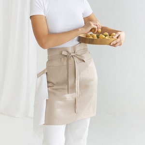 Short waist apron, Unisex linen apron, Sand linen apron, Kitchen apron, Washed linen apron,Cafe apron,Linen half apron,Apron with pockets
