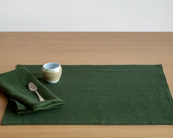 Stone washed linen placemat, Linen placemats, Table mats, Natural linen table placemat set, Rectangle placemat, Forest green linen placemats