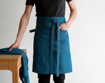 Linen apron pockets, Blue linen apron, Unisex linen apron, Natural linen waist apron,Short kitchen apron,Washed linen apron,Linen half apron