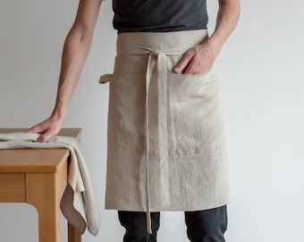 Short waist apron, Unisex linen apron, Natural linen apron, Kitchen apron, Washed linen apron,Cafe apron,Linen half apron,Apron with pockets