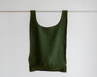 Textile grocery bag, Linen tote bag, Forest green linen bag, Linen shoulder bag, Washed linen picnic bag, Reusable shopping bag, Market bag