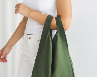 Green linen bag, Shoulder grocery bag, Marker bag, Foldable shopping bag, Linen beach bag, Picnic bag, Reusable grocery bag,Forest green bag
