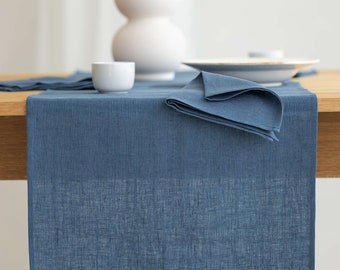 Stonewashed linen table runner, Blue linen table runner, Washed linen table runner, Long length linen placemat,Blue lightweight table runner